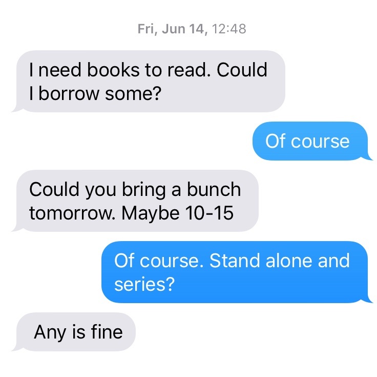 It started out with an innocuous text from my sister-in-law asking me to loan her some books.
